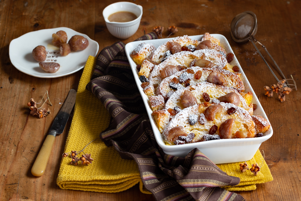 Bread and butter pudding con castagne caramellate al rum